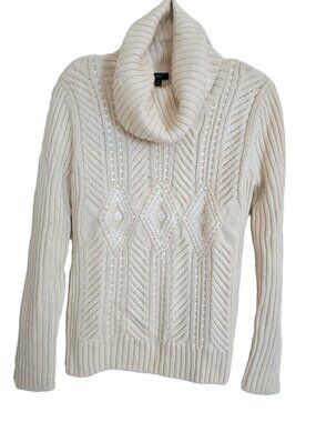 Talbots Petites Cream Cable Knit Sequined Cowl Neck Sweater Medium
